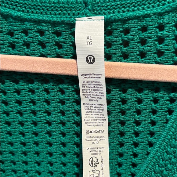 LULULEMON COTTON CROCHET MESH RELAXED FIT CARDIGAN IN RACEWAY GREEN SZ XL NWT - Picture 7 of 7